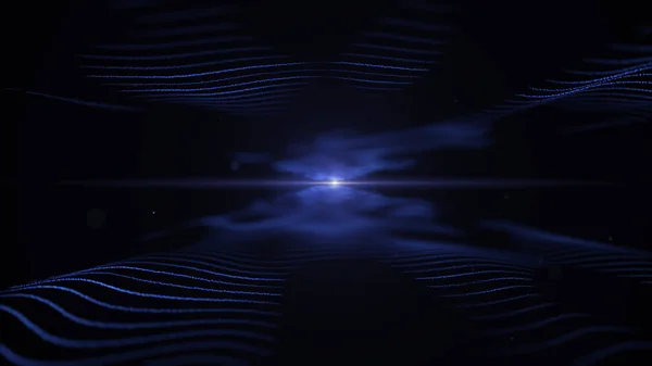 Абстрактный энергетический фон. Техническая синяя имитация волн на черном фоне. Свет размыт синим цветом по центру и между волнами . — стоковое фото