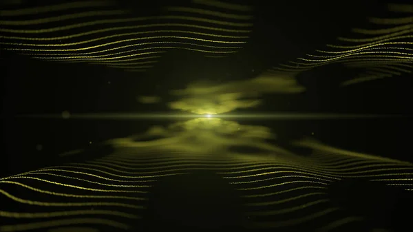 Fundo de energia abstrato. Imitação amarela de ondas no fundo preto. Luz embaçada blick amarelo está no centro, e entre as ondas . — Fotografia de Stock