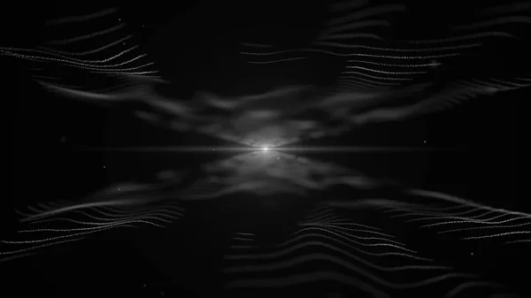 Abstraktní pozadí. Bílá napodobenina zvukových vln na černém pozadí. Světle rozmazaný bílý blat se nachází uprostřed a mezi vlnami. — Stock fotografie