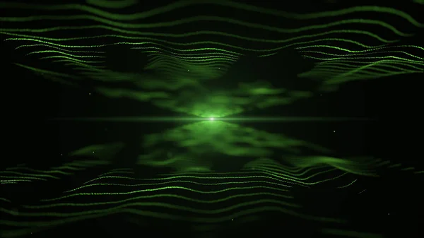 Sfondo energetico astratto. Imitazione di onde verdi su sfondo nero. chiaro blick verde sfocato è al centro, e tra le onde . — Foto Stock