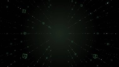 Siyah arka plan üzerine overlaid soyut veritabanı blokları.