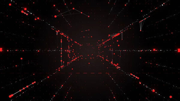 Abstract dynamic red square particles motion through the black space. — Stock Photo, Image