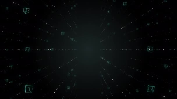 Mysterious transparent cubes floating sequently in rays in dark space. — Stock Video