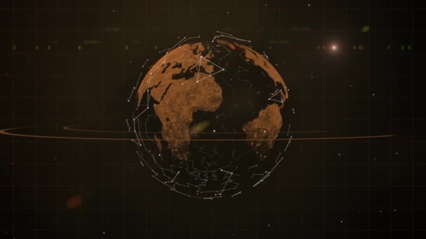 Abstrakt video bakgrund med virtuella planeten roterande i rymden, omgiven av nettot av datablock. — Stockvideo
