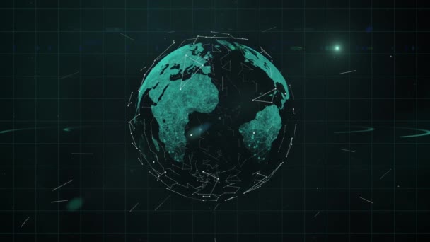 Planète flottante géométrique abstraite et particules minuscules sur fond noir .