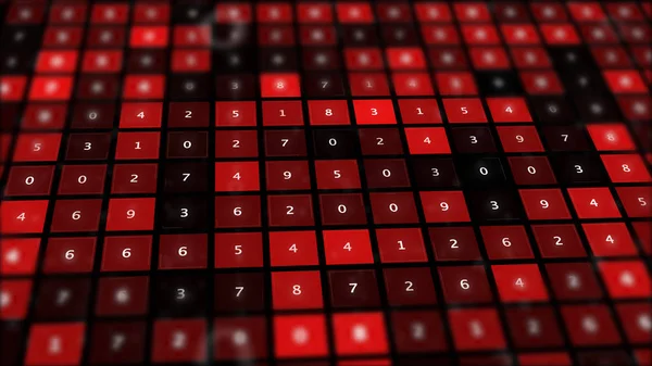 Red binary screen with grid of numbers.