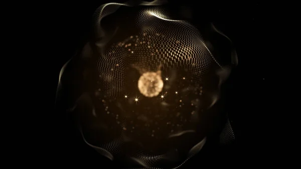 Χρυσά σωματίδια στροβιλίζονται εφέ σχηματίζοντας αφηρημένο εικονικό λουλούδι σε σκούρο φόντο. — Φωτογραφία Αρχείου
