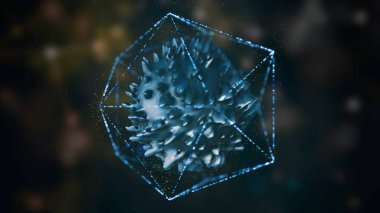 Virüs güvenlik bariyeri. Uzayda yüzen çokgen çerçevenin içine kilitlenmiş 3 boyutlu virüs hücresi oluşturma.