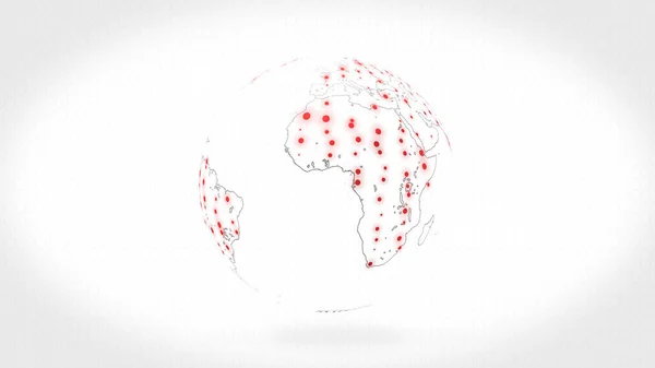 Animation of white planet with red dots digital grid over white background.