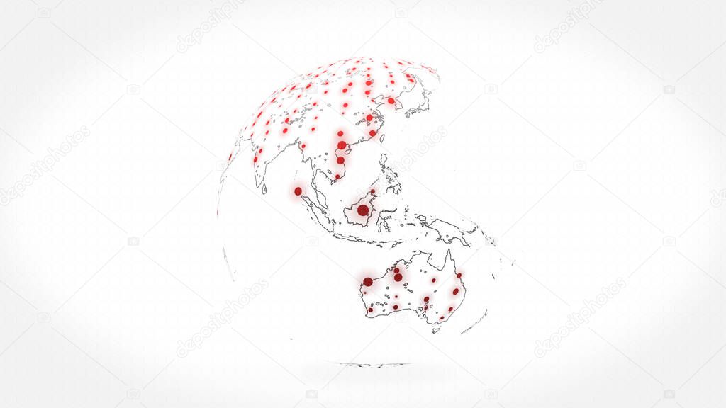 Uniquely stylized planet Earth with red dots on the surface over white background.