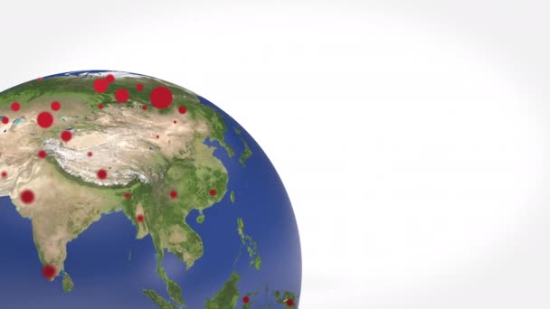 Μοναδικά τυποποιημένος πλανήτης Γη με κόκκινες κουκίδες στην επιφάνεια πάνω από λευκό φόντο. — Αρχείο Βίντεο