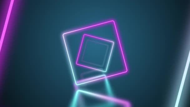 Voler à travers des carrés de néon rotatifs lumineux créant un tunnel, bleu rouge rose violet spectre.