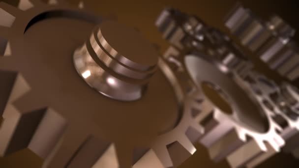 漂亮的金色齿轮旋转。齿轮工作过程的漂亮环路3D动画. — 图库视频影像
