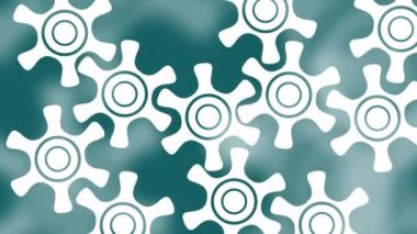 Odaklanamayan mavi arkaplan üzerinde yavaşça dönen beyaz dişlilere yaklaş.