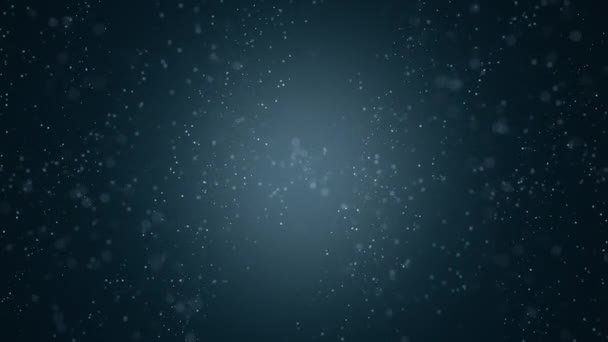 Vallende deeltjes sneeuwvlokken animatie op blauwe donkere achtergrond. Abstract sneeuw vallen 3d renderen met lens flare. — Stockvideo