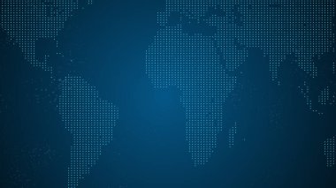 Küresel teknoloji ve telekomünikasyon ağının mavi, parlak gölgeli dünya haritası.