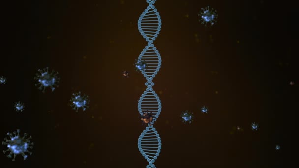 3D-Animation eines rotierenden DNA-Strangs, der von fremden Zellen umgeben und angegriffen wird. — Stockvideo