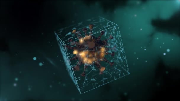 3D model koronaviru, kterému lidstvo čelí, mikrovýstřel na virus uzamčený v mnohoúhelníku nad černou. — Stock video