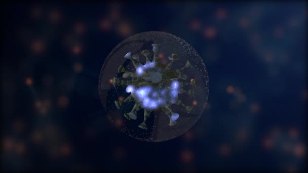 Die zweite Welle des Coronavirus. 3D-Darstellung einer abstrakten Viruszelle in einer transparenten Blase vor verschwommenem dunklen Hintergrund. — Stockvideo