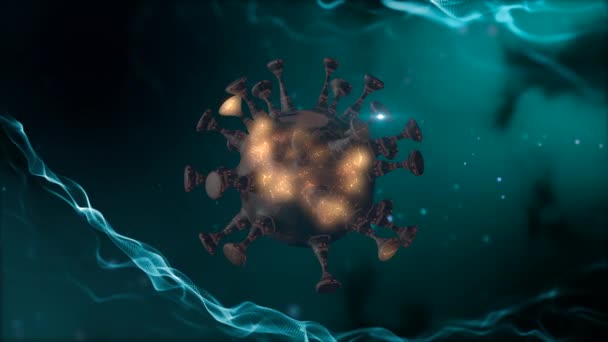 La seconda ondata di coronavirus. Rendering 3d di una cellula virale astratta all'interno di una bolla trasparente su sfondo scuro sfocato . — Video Stock