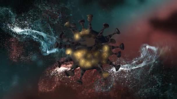 Nebula arkaplanı üzerinde ışık parçacıkları ile dönen salgın virüs hücresi. — Stok video