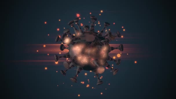 Pandemiska virusceller roterande över nebulosa bakgrund med lätta partiklar. — Stockvideo