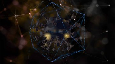 İnsanlığın karşı karşıya olduğu 3 boyutlu koronavirüs modeli, siyah üzerine kilitlenmiş bir çokgenin içindeki bir virüsün mikro çekimi..