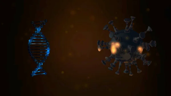 3D анимация вращающейся цепи ДНК, окруженной и атакованной инопланетными клетками . — стоковое фото