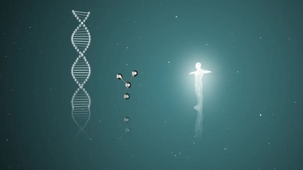 3D animation of abstract DNA and human hologrm illuminating over blue background. — Stock Video