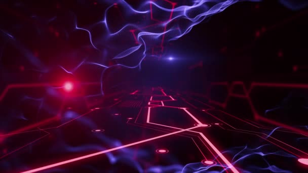 Abstract animation of neon, glowing light lasers and waves bouncing around and moving forward within a dark tunnel. — Stock Video