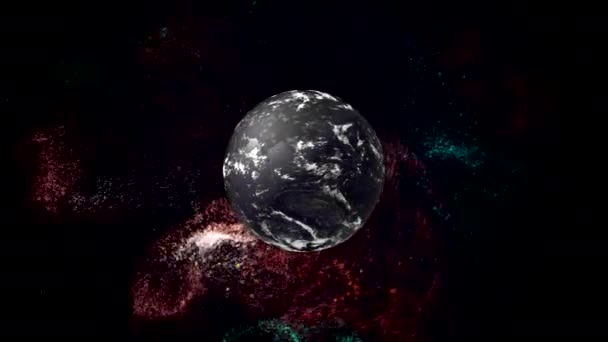 Ledová planeta rotující v chladném světě plném lesklého prachu nad tmou. — Stock video