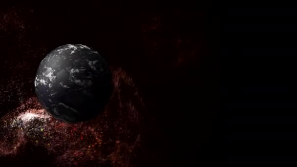 Planète de glace tournant dans un monde froid plein de poussière brillante sur l'obscurité.