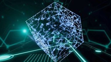 İçinde büyük mavi şeffaf küp yüzen 3D render küp tünel.