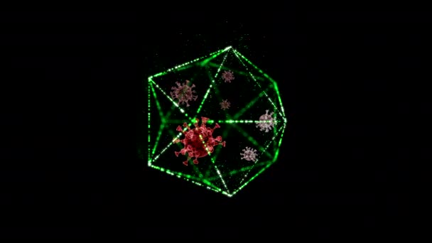 Cientistas pesquisando vírus bloqueados dentro da forma lowpoly sobre fundo escuro . — Vídeo de Stock