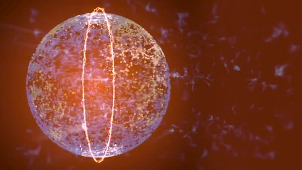 プレキシス表面と雷のストロークリングを持つ空間での球は、デフォーカスプレキシス背景の上に惑星と回転. — ストック動画