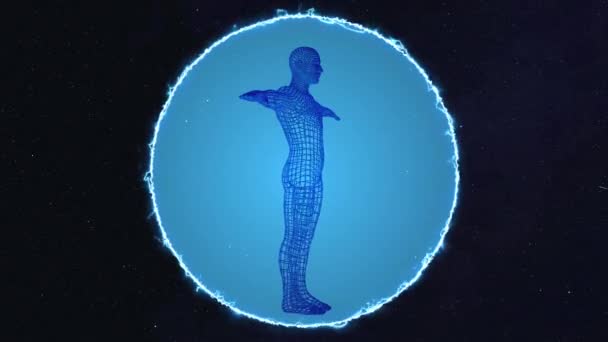 Animowany film 4k pokazuje dziurę w warstwie ozonowej z niebezpiecznym pierścieniem pioruna krążącym na konturze i siatki ludzkiego hologramu wewnątrz jako przyczynę tego. — Wideo stockowe