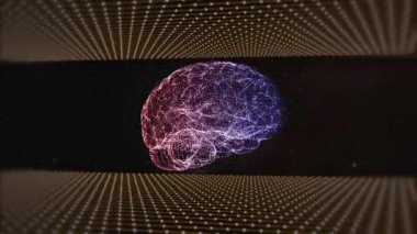 3D soyut ikili kod platformları dönüyor ve beyin hologramı.