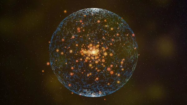 Koyu yıldızlı arkaplanda altın bokeh parçacıkları ile soyut mavi neon kafes küresi. — Stok fotoğraf