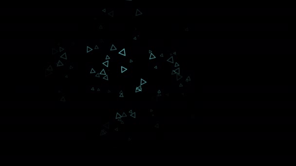 Плоскі крихітні трикутники з'являються і блищить світло-блакитним світлом на темному фоні . — стокове відео