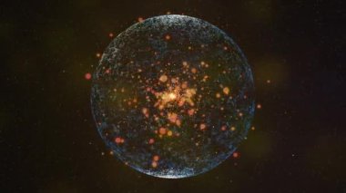 Soyut mavi neon kafes kürenin altın bokeh parçacıkları ile koyu yıldızlı arkaplanda dönen döngüsel animasyonu.