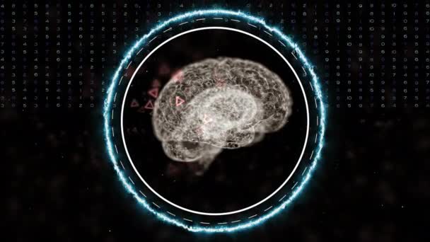 Τεχνητή Νοημοσύνη και βαθιά μάθηση έννοια. Ψηφιακό ολόγραμμα εγκεφάλου σε κύκλο κεραυνού περιστρέφεται πάνω από σκοτεινό χώρο με αριθμούς κουρτίνα πηγαίνει κάτω. — Αρχείο Βίντεο