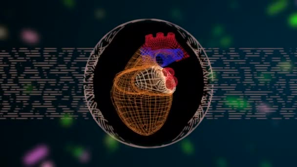 Een abstract pulserend hart in rasterstructuur over gedefocuste donkere achtergrond met kleurrijke lineaire deeltjes. — Stockvideo