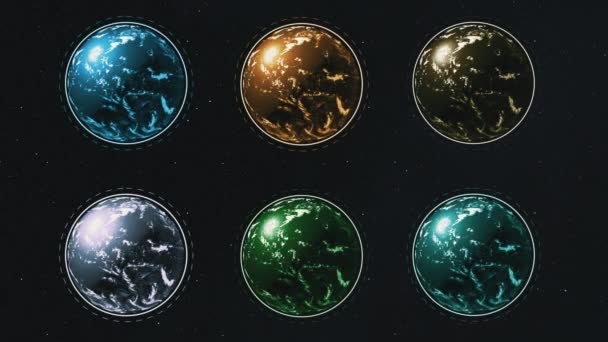 Six different colorful planets in rows spinning over starry dark space. — Stock Video