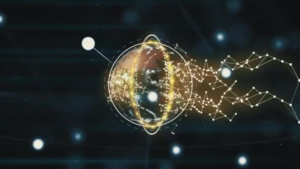 Naissance d'une belle planète à l'intérieur d'une capsule en plexus doré, tournant avec anneau pointillé rayonnant autour. — Video