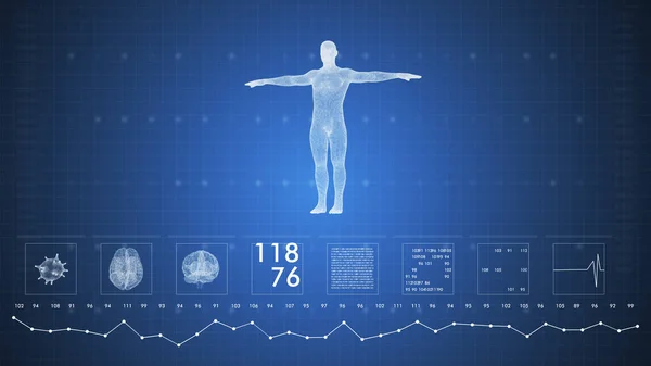 3d rendering of hud interface elements of medicine analysis fingerprint,brain,DNA and percent vitality innovation on hi tech future design background. — Stock Photo, Image