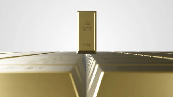 Pila di lingotti d'oro multipli su illustrazione 3d. — Foto Stock