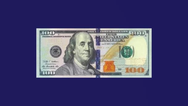 4k video of hundred dollar banknote,isolated on blue background.