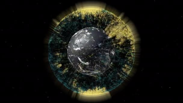 World connections with cities illuminating with bright yellow lights all over Earth globe, spinning. — Stock Video