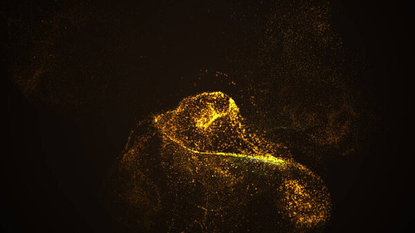 3d rendering of falling flow of gold glittering gloss bokeh particles sparkling on black abstract background.