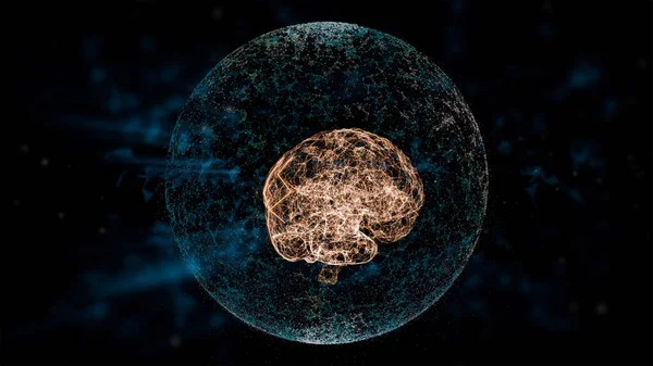 Concepto de propiedad intelectual. 3d hacer que el cerebro flote dentro de la esfera de protección sobre fondo oscuro con plexo borroso verde. Imagen De Stock